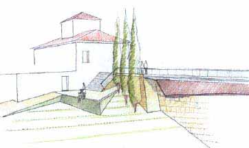 Dibujo del aspecto del tratatmiento que se le da al espacio existente entre la almenara y el puente.