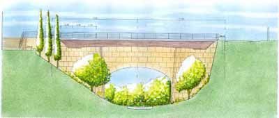Dibujo del aspecto en alzado de la margen izquierda del tratamiento que se le da al espacio existente entre la almenara y el puente.