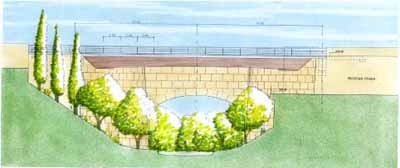 Dibujo del aspecto en alzado de la margen derecha del tratatmiento que se le da al espacio existente entre la almenara y el puente.
