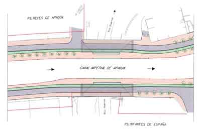 Dibujo de la situaci�n del puente entre el Paseo de Arag�n y el Paseo Infantes de Espa�a.