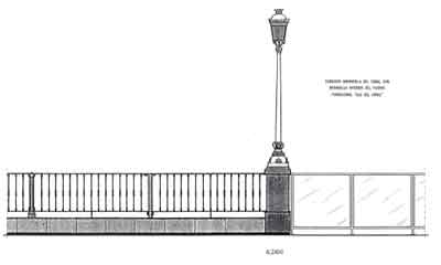 Plano en vista alzada de conexi�n de barandilla del canal con barandilla interior del puente fundacional, ojo del canal.