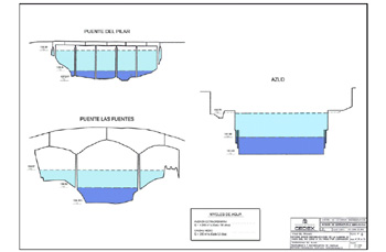 Dibujo de secci�n en perfil de los puentes que se alzan sobre el r�o Ebro en Zaragoza 