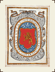 P�gina del Libro V de los Derechos de la ciudad de Zaragoza, encuadrada a pluma, con representaci�n del Escudo (le�n rampante y fondo rojo). Colecci�n de Manuscritos de la Biblioteca del Ayuntamiento de Zaragoza (Palacio de Montemuzo). Signatura Ms 73