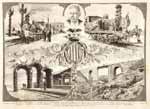 A.M.Z. Sig. 0911. Xilograf�a que representa una composici�n realizada con motivo de la inauguraci�n de la l�nea de ferrocarril de Zaragoza a Cari�ena con las siguientes vi�etas: 1. El tren oficial de la inauguraci�n con la estaci�n al fondo; 2. M�quina exploradora; 3. Arco ef�mero construido con motivo de la inauguraci�n en la estaci�n de Zaragoza; 4. Puente de los Canales; 5. Retrato del director de la Sociedad Catalana General de Cr�dito, constructora de la l�nea f�rrea D. Germ�n Schierbeck. La xilograf�a fue publicada en La Ilustraci�n Espa�ola y Americana en 1887.