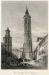 La Torre Nueva inclinada, con su antiguo chapitel. Xilograf�a obtenida de una fotograf�a de Laurent de 1891. Archivo Municipal de Zaragoza. Sig. G. 143.