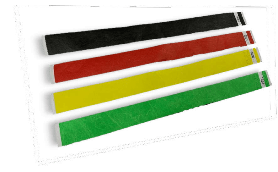 imagen de las pulseras, de arriba a abajo, en este orden, negra, roja, amarilla, verde