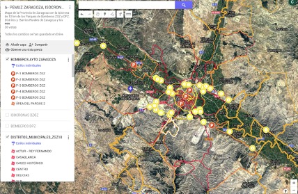 mapa pequeño de la Provincia de Zaragoza con la isócrona de 10 km de los Parques de Bomberos ZGZ y DPZ