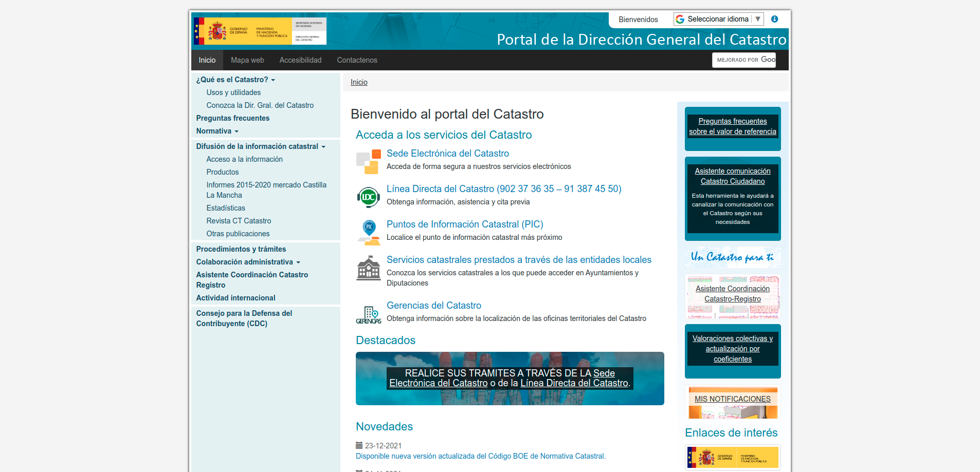 Imagen de la página web de la dirección general del catastro