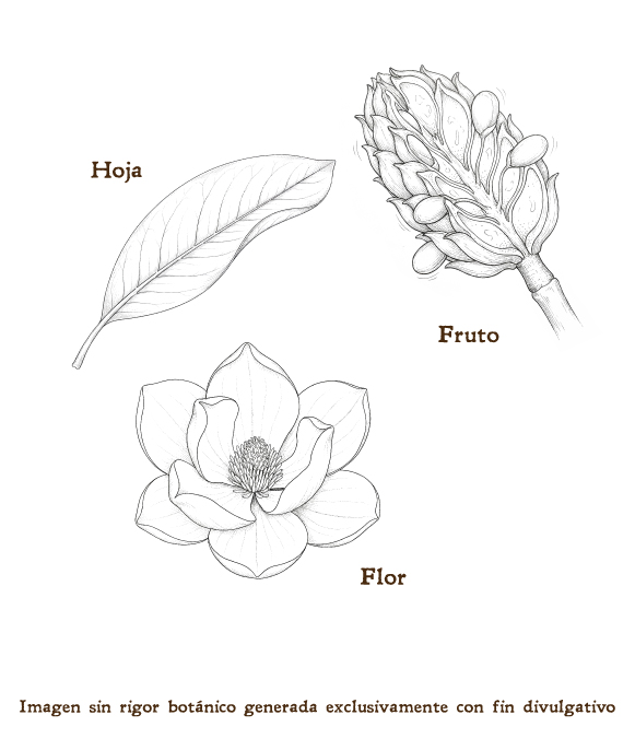 Imagen sobre la hoja, la flor y el fruto de la planta
