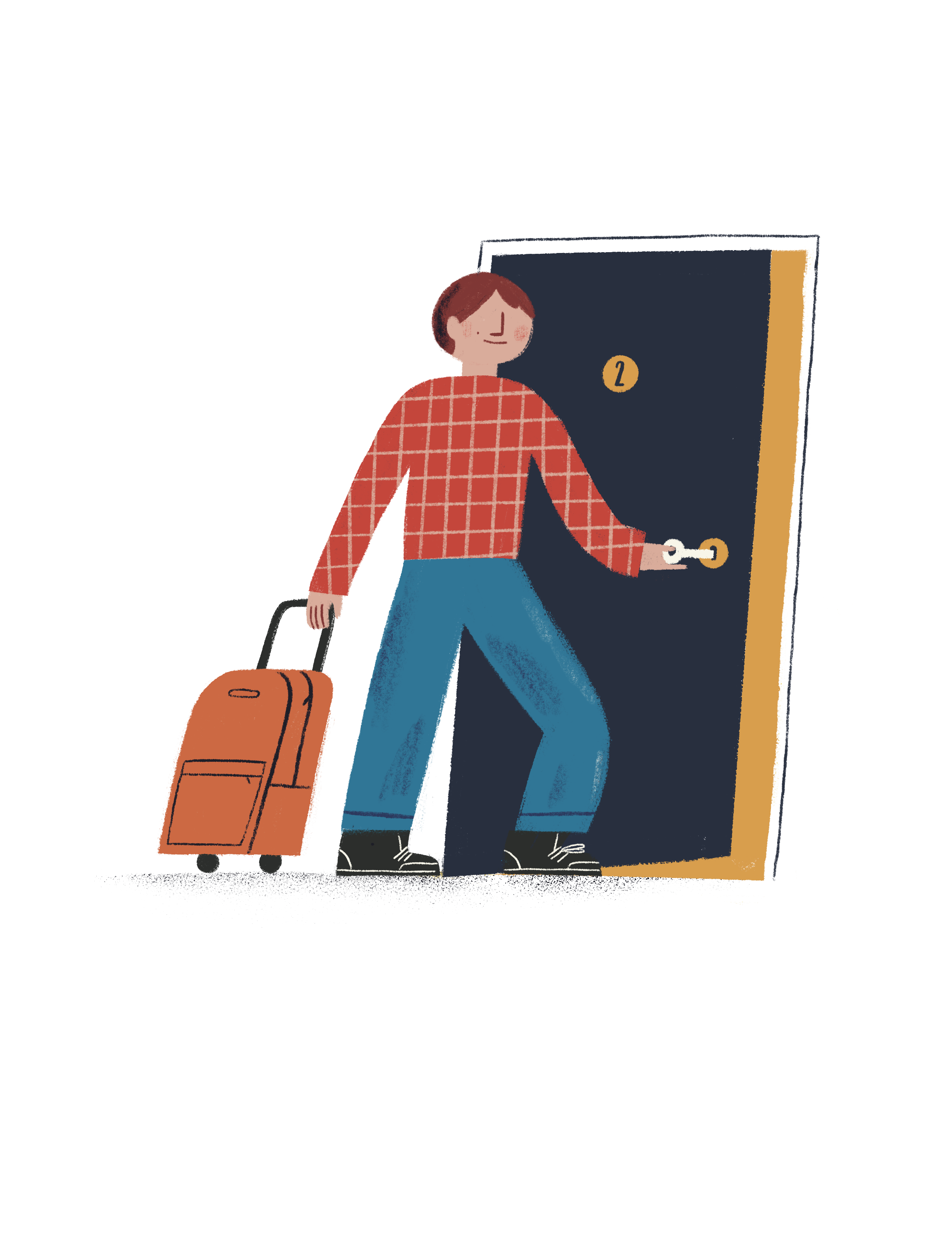 Ilustración: Marina Montero. Descripción: un joven abre la puerta principal de una casa con una llave. En la otra mano, sujeta una maleta de ruedas.