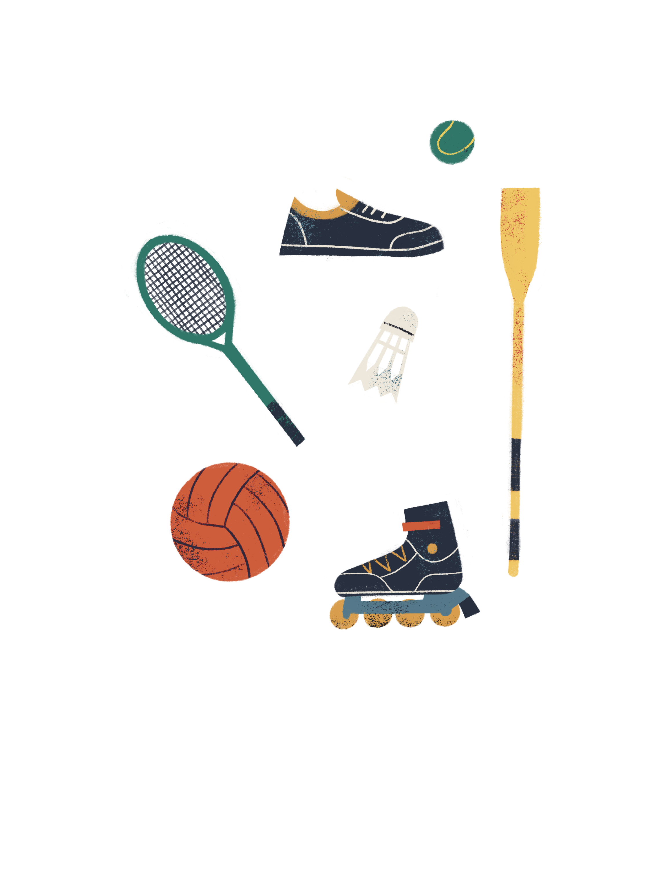 Ilustración: Marina Montero. Descripción: dibujo de una zapatilla, un remo, un volante de bádminton, una raqueta, un balón de baloncesto y un patín en línea.