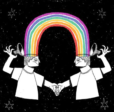 Dibujo de dos chicos gemelos en blanco y negro que se dan la mano. Con la otra, abren sus cabezas como si fuera una caja, de las que sale un arcoiris.