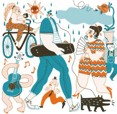 En el centro, un chico con un monopatín en la mano. A su derecha hay una mujer con un abanico. Detrás, un personaje lleva en la cabeza una maceta con una planta carnívora que intenta comerse a una mosca. En el lado izquierdo, una chica pasea a un perro montada en bicicleta.