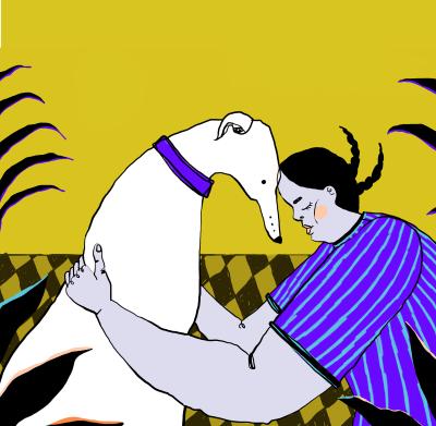 Dibujo de una chica con trenzas y una blusa a rayas que abraza a un perro blanco. Se encuentran en una habitación con la pared amarilla y un suelo ajedrezado gris y negro. A la izquierda se ven las hojas de una planta.