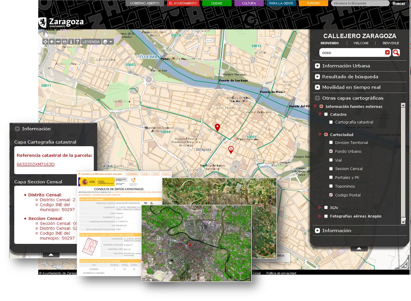 Callejero mostrando enlaces a webs externas como es la consulta de datos catastrales de la calle Coso