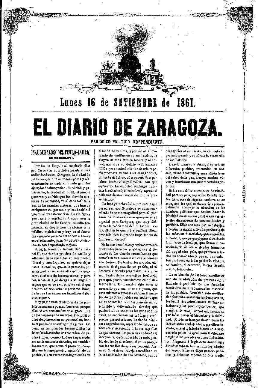 Ayuntamiento de Zaragoza. Noticias.En septiembre de 1861, llegó a Zaragoza  la primera línea de ferrocarril.