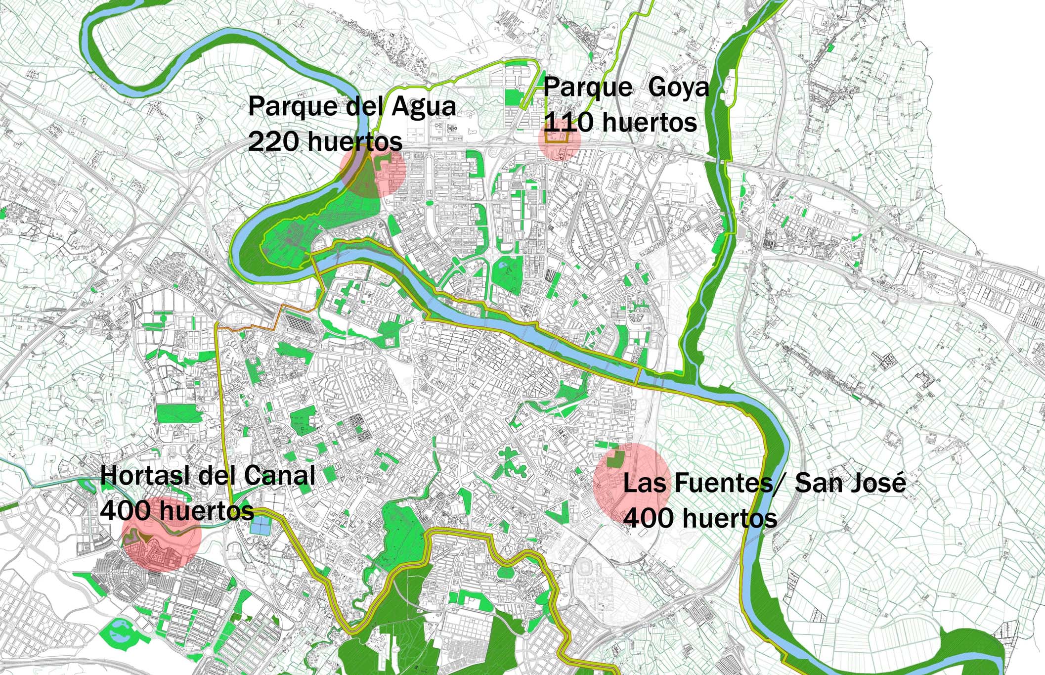 Plano de ubicación de las zonas de huertos sociales municipales