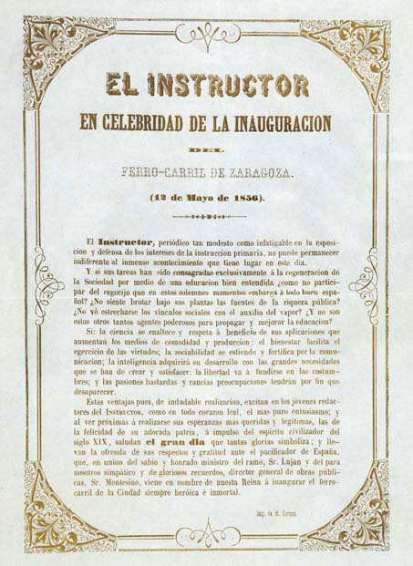 A.M.Z. El Instructor, 12 de mayo de 1856. En celebridad de la inauguración. Ferro-carril de Zaragoza.
