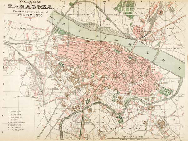 A.M.Z. Sig. 751. Plano de Zaragoza. Escala 1:7000. Facilitado y revisado por el Ayuntamiento de Zaragoza. Editado por A. Martín. Barcelona (sin fecha).