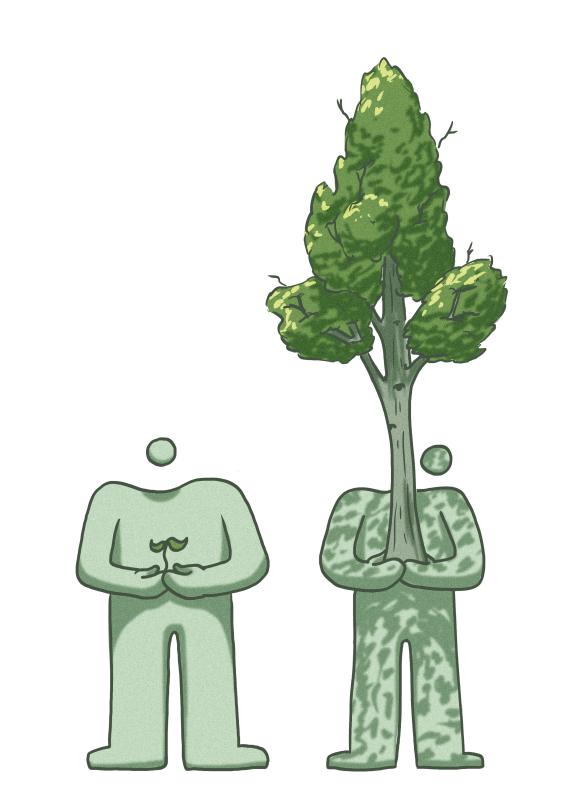 Dos personas verdes. Una lleva en las manos un árbol pequeño y la otra, uno grande.