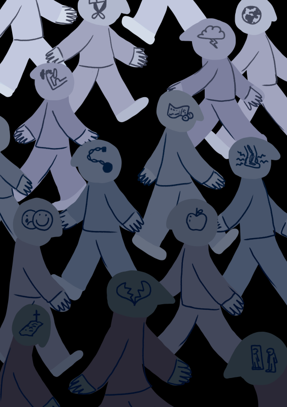 Varias personas caminan. En sus cabezas hay diferentes dibujos: una bola del mundo, una nube de tormenta, una manzana, etc.