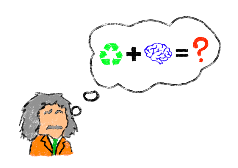 Ilustración en la que Albert Einstein aparece pensando. En el bocadillo del pensamiento hay un símbolo de reciclaje, un signo de más, un cerebro, un igual y un signo de interrogación.