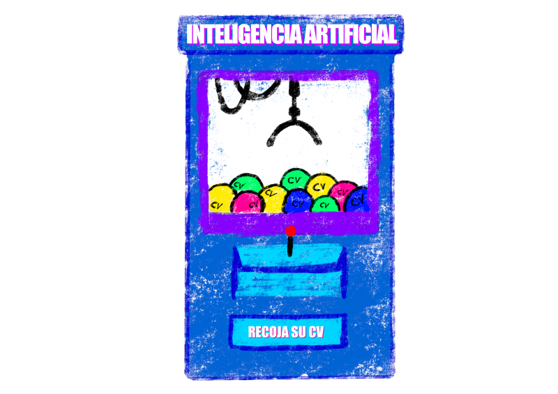 Ilustración en la que aparece una máquina expendedora de gancho. En la parte superior está inscrito Inteligencia artificial y en la parte en la que se recogen los premios, "Recoja su CV".