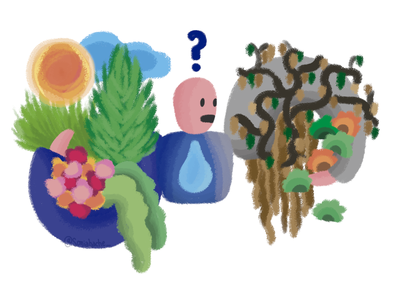 Ilustración en la que una persona tiene a su derecha aparecen plantas verdes y a su izquierda, plantas muertas.