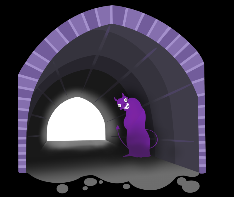 Un diablo morado mira al espectador bajo un arco apuntado, similar al Arco del Deán