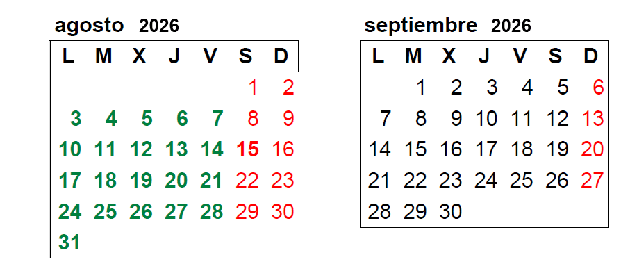 Calendario Ago 2026