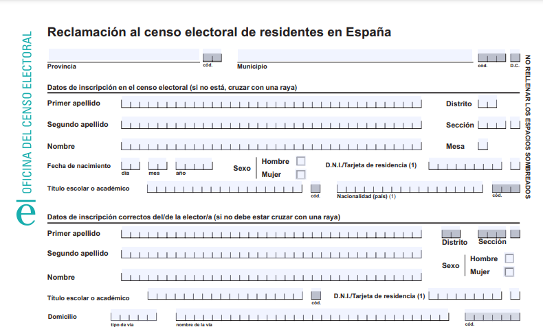 Impreso para reclamaciones al censo electoral de residentes en España