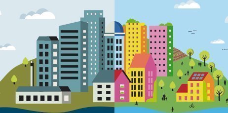 mitad de una ciudad gris y otra mitad verde