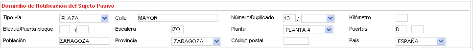 Debe informarse de la siguiente manera: Tipo de via: PLAZA, Calle: MAYOR, Numero: 13,   Escalera: IZQ, Planta: PLANTA 4, Puertas: D